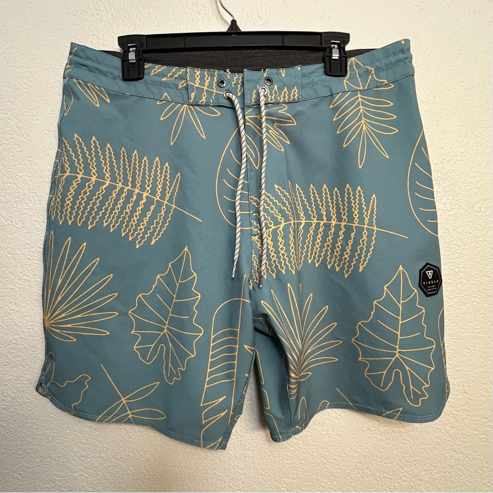 VISSLA Teal Swim Board Shorts with Yellow Leaf Print